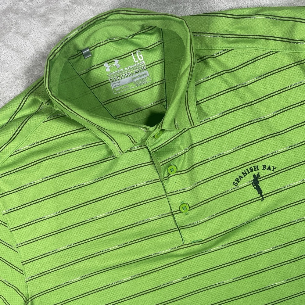 Under Armour ColdBlack HeatGear Polo Green Striped Links At Spanish Bay Men's L